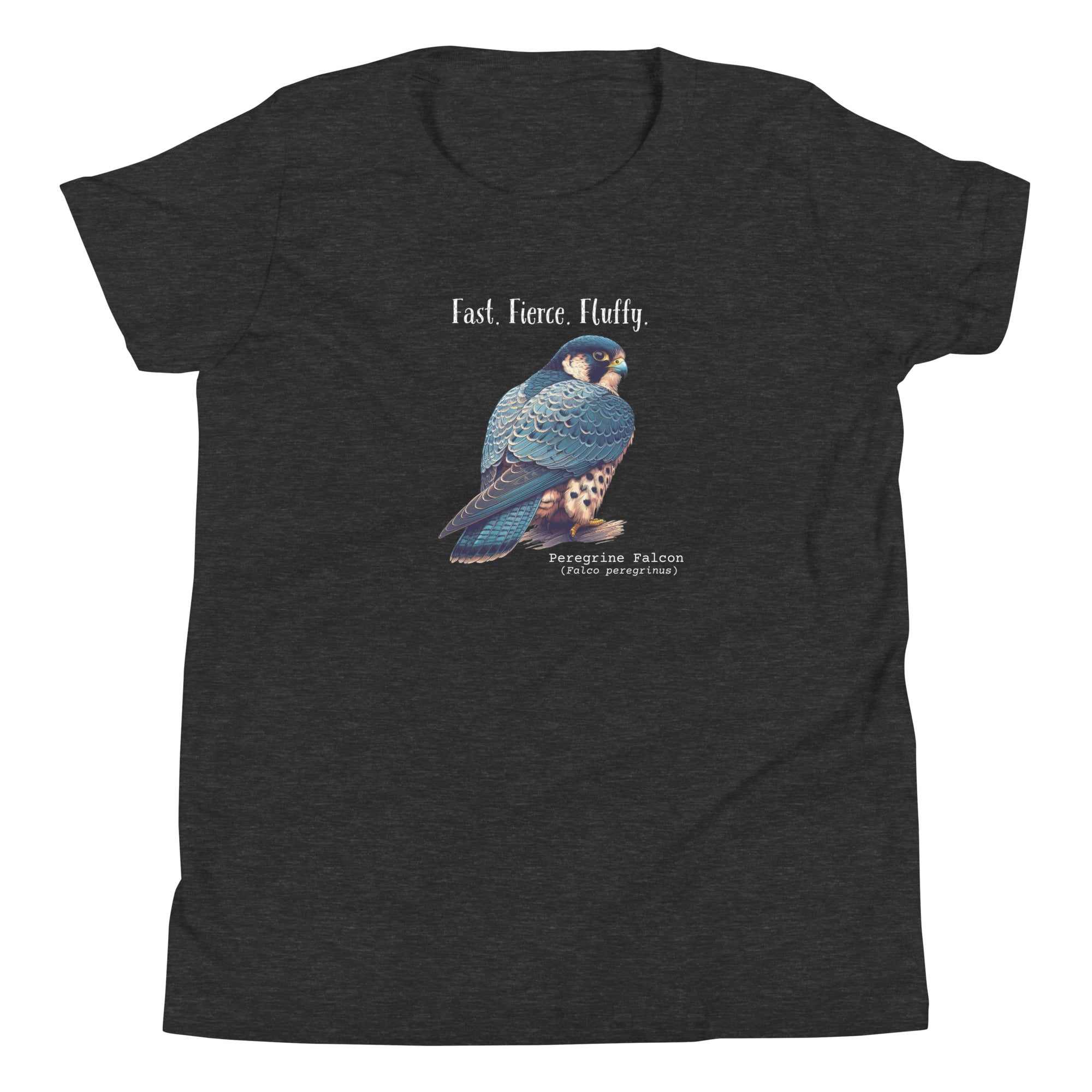 A dark heather grey youth bird shirt with the words, "Fast. Fierce. Fluffy" above an illustration of a peregrine falcon.