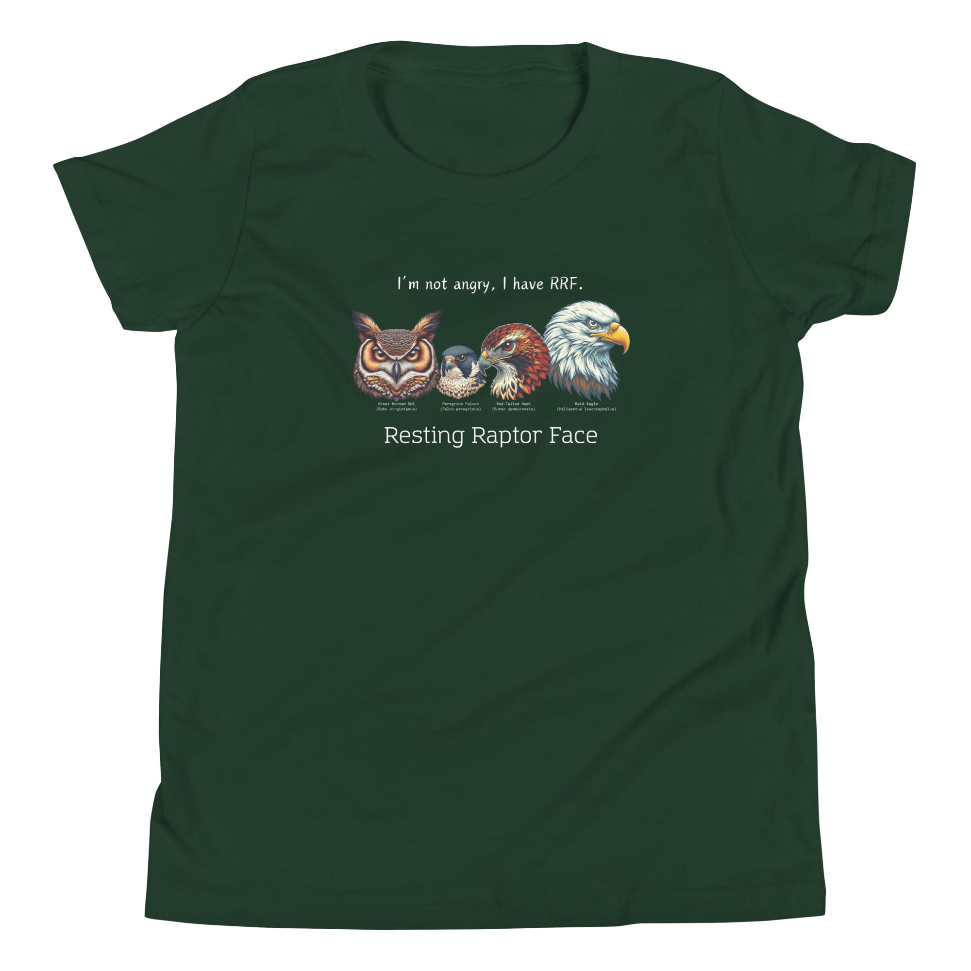 A forest green youth bird shirt with a great horned owl, a peregrine falcon, a red-tailed hawk and a bald eagle. The shirt has text that says, I'm not angry, I have RRF. Resting Raptor Face.