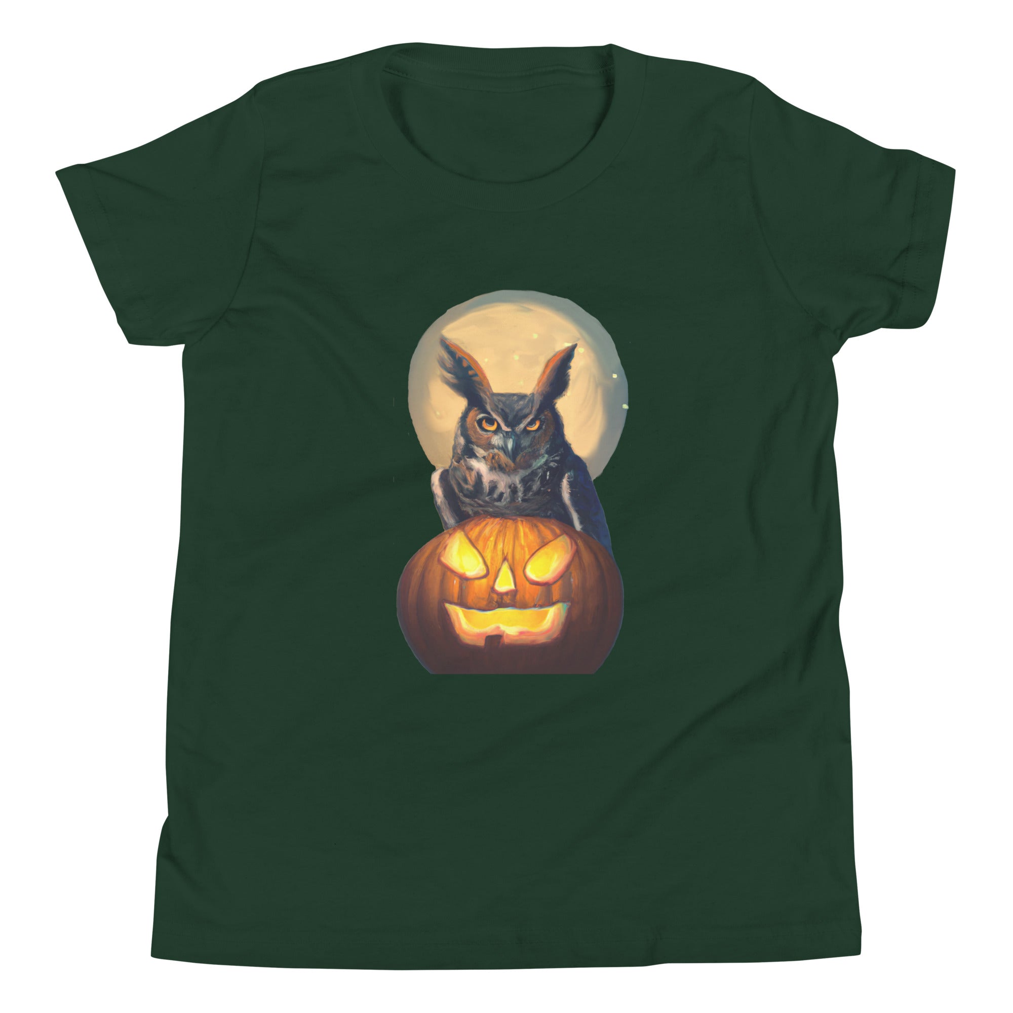 Forest green youth bird t-shirt with a great horned owl sitting behind a jack-o-lantern with a full moon rising behind.