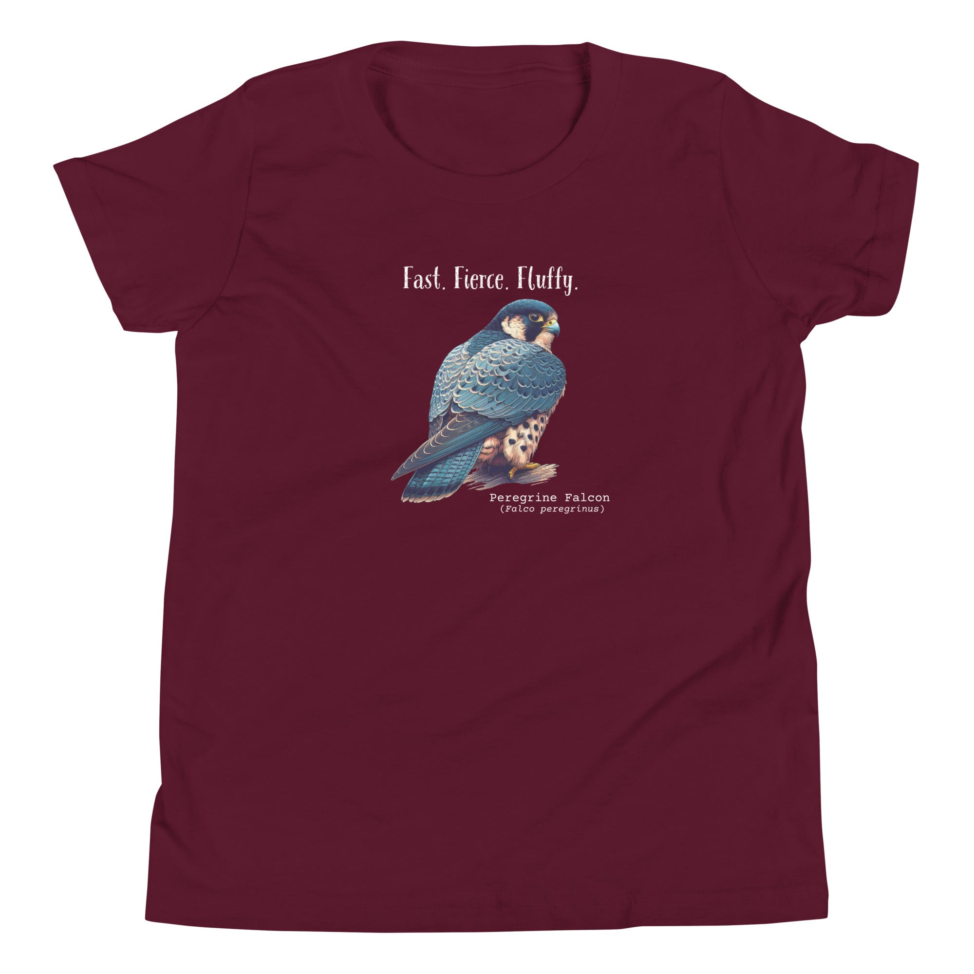 A maroon youth bird shirt with the words, "Fast. Fierce. Fluffy" above an illustration of a peregrine falcon.