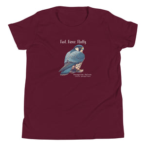 A maroon youth bird shirt with the words, "Fast. Fierce. Fluffy" above an illustration of a peregrine falcon.