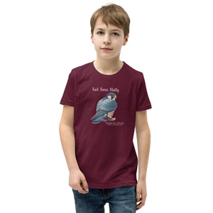 A maroon youth bird shirt with the words, "Fast. Fierce. Fluffy" above an illustration of a peregrine falcon. Worn by a boy.