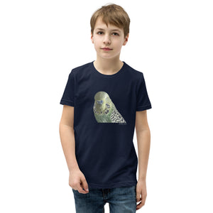 Navy unisex youth bird t-shirt with an illustrated and lifelike graphic of a green and yellow parakeet or budgie on the front. Below and to the right of the picture is the word Budgerigar and below that the scientific name in parenthesis in small print. Worn by a boy.