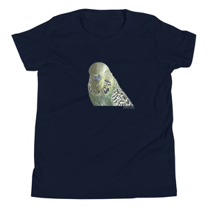 Navy unisex youth bird t-shirt with an illustrated and lifelike graphic of a green and yellow parakeet or budgie on the front. Below and to the right of the picture is the word Budgerigar and below that the scientific name in parenthesis in small print.