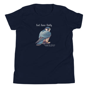 A navy blue youth bird shirt with the words, "Fast. Fierce. Fluffy" above an illustration of a peregrine falcon.