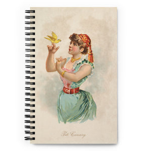 Spiral bound notebook with a remastered 1890s vintage art piece of the cover  of a girl in a nice dress and a fez, holding a canary on her finger.