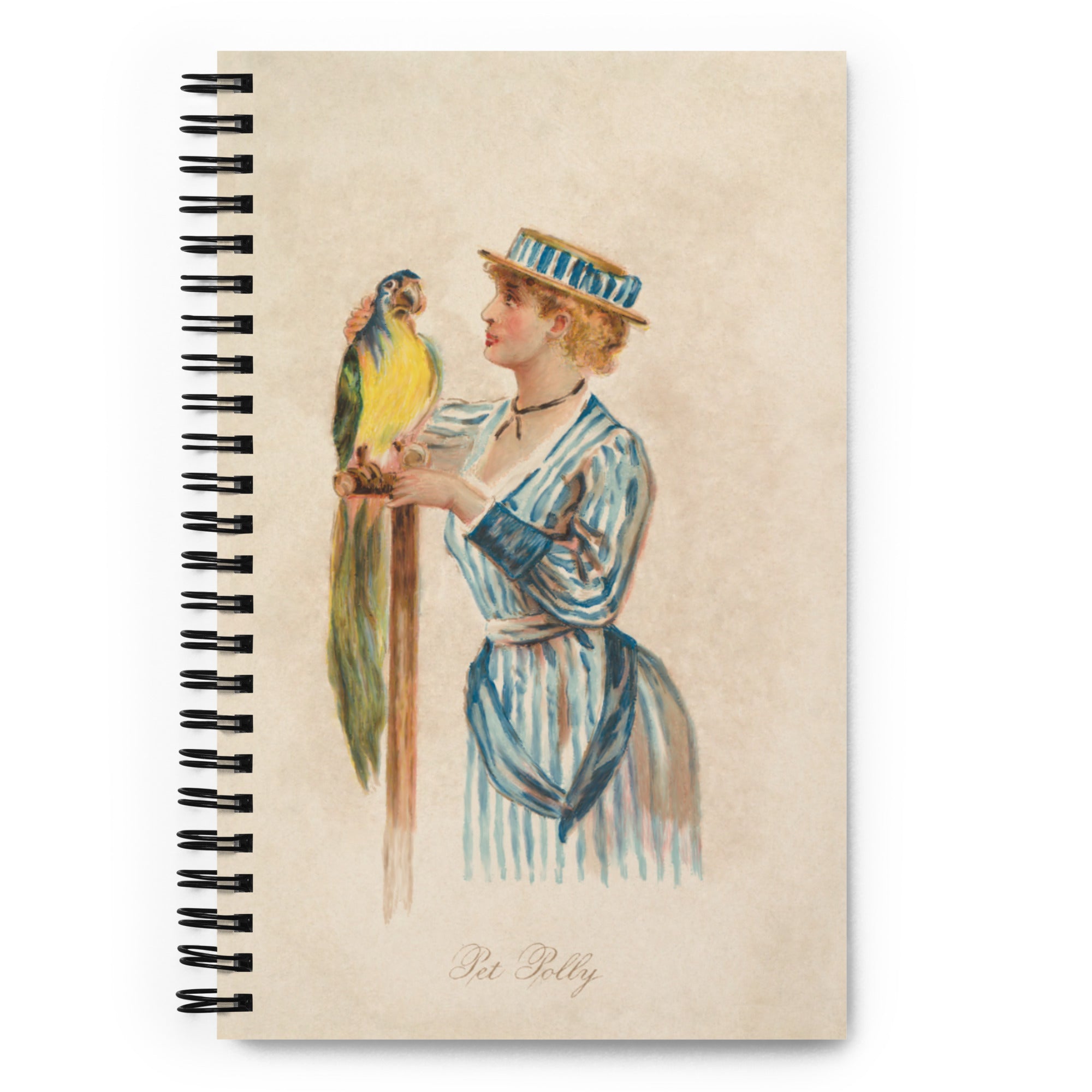 Spiral notebook with remastered vintage art of a woman in a striped dress and hat standing next to her macaw parrot.