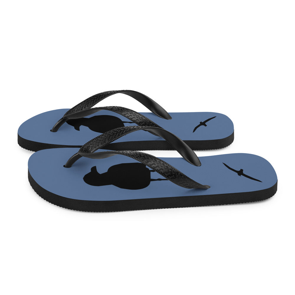 A pair of blue flip-flops with black strap and a silhouette of a seagull standing and smaller ones flying, viewed from the left side.