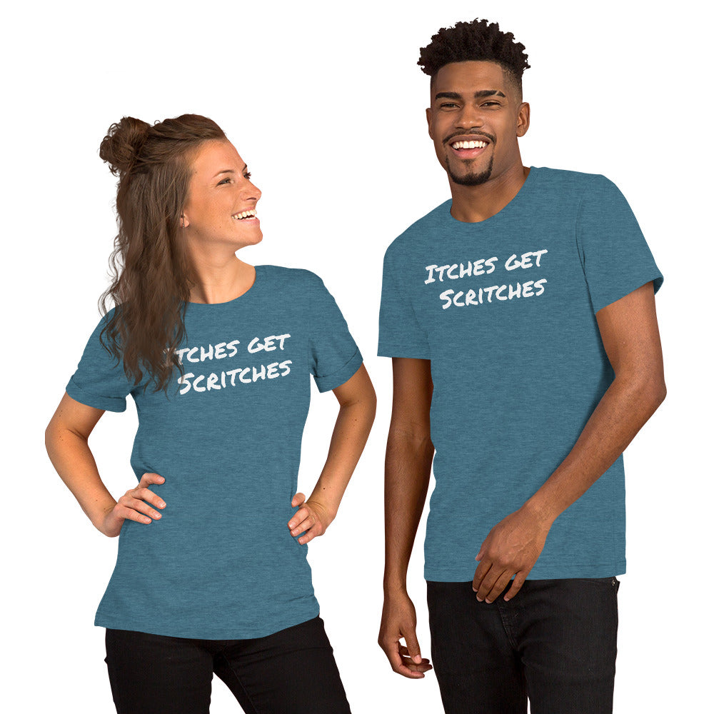 Black unisex t-shirt with the phrase, "Itches get scritches" across the front. Worn by male model.