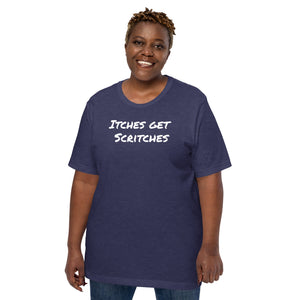 Navy blue unisex t-shirt with the phrase, "Itches get scritches" across the front. Worn by plus size female model.