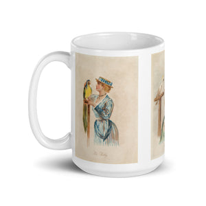 Bird mug. White coffee mug with three vintage remastered illustrations of girls in historical dress from the 1890s with birds.