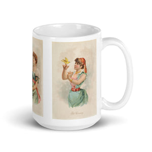 Bird mug. White coffee mug with three vintage remastered illustrations of girls in historical dress from the 1890s with birds.